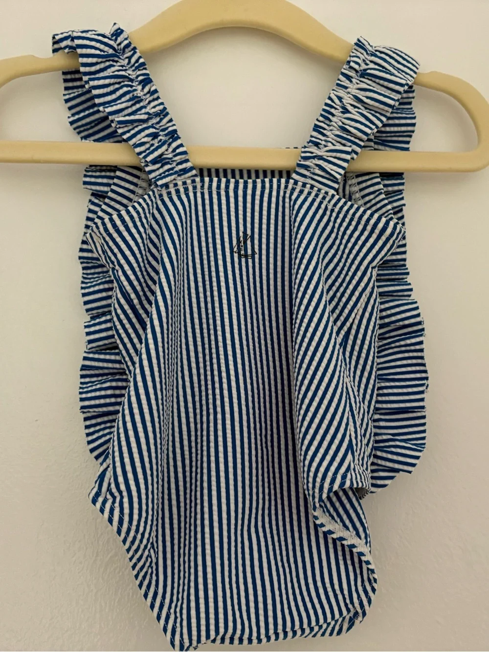Petit Bateau Blue & White Striped Ruffle One-Piece Baby Swimsuit